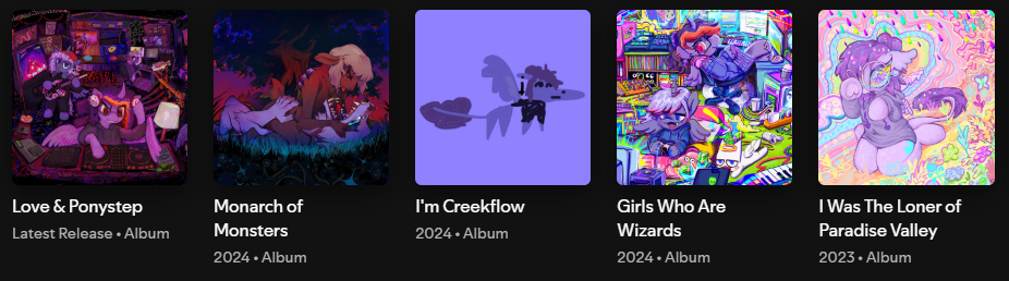 a series of albums released by vylet pony from 2023 to 2025, ordered right to left, they are: i was the loner of paradise valley, girlst who are wizards, i'm creekflow, monarch of monsters, and love & ponystep